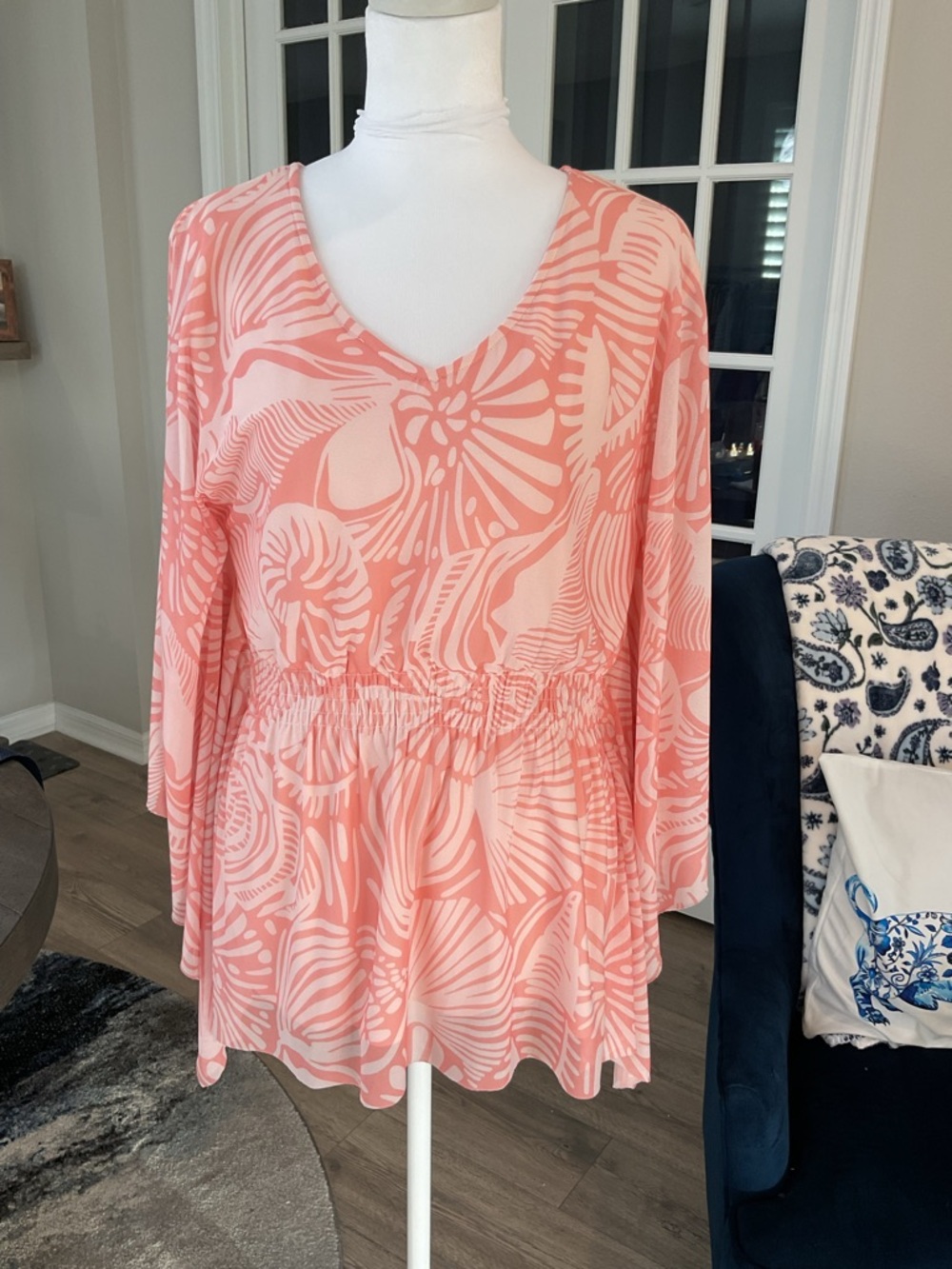Fairhope Peach Shell Print Mesh Blouse - Kimono Sleeve & Smocked Waist - Size S